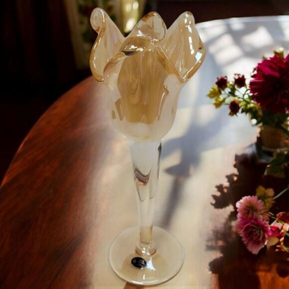 Murano Art Glass Pillar Candle Holder Italian Peach Tulips No Flaws - Picture 1 of 6